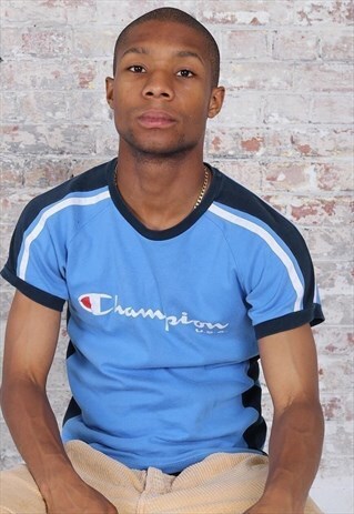 VINTAGE CHAMPION TEXT LOGO T-SHIRT BLUE