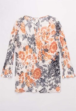 Y2k floral beige/orange long sleeve sheer mesh top