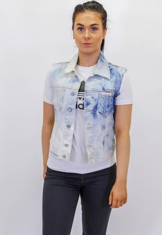 VINTAGE CALVIN KLEIN ACID WASH BLUE DENIM GILET JACKET M