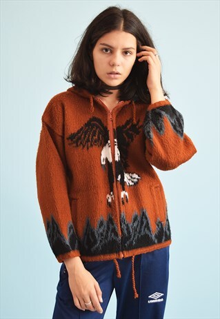90'S RETRO ETHNIC EAGLE PRINT KNIT CARDIGAN