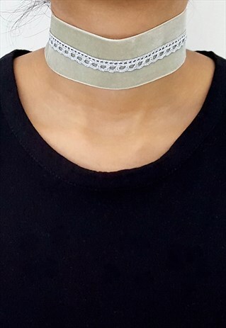 MEDIUM VELVET-GREEN & METALLIC LACE PATTERNED CHOKER-SILVER