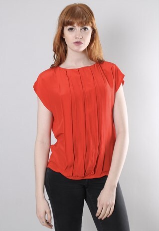 VINTAGE 80S SILK RED PLEATED T-SHIRT TOP