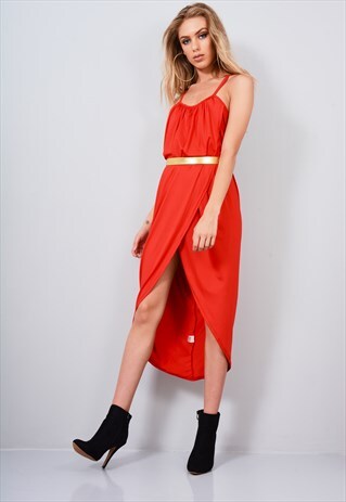 RED WRAP DRESS WITH GOLD BELT AND DROP HEM