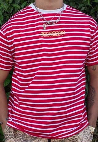 HANDMADE SHORT SLEEVED T-SHIRT IN RED AND WHITE STRIPES