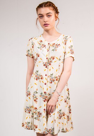 90'S VINTAGE CREAM FLORAL PATTERN CUTE MINI DRESS