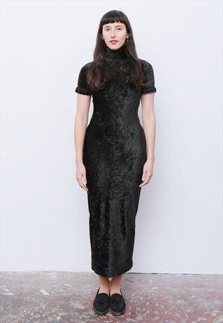 VINTAGE 1980'S BLACK VELVET MAXI TASSEL DRESS