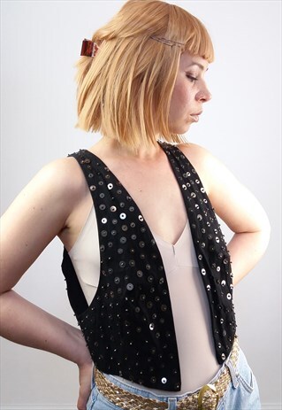 VINTAGE 90'S BLACK SEQUINS EMBELLISHED CROP TOP / VEST