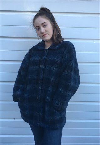 WOMENS VINTAGE 80S BLUE CHECKED TEDDY BEAR FLEECE JACKET
