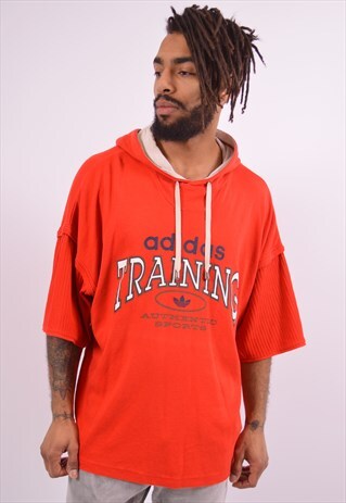 ADIDAS MENS VINTAGE HOODED T-SHIRT TOP LARGE RED 90S