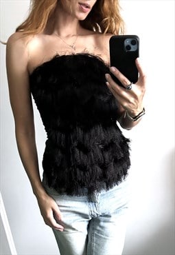 Layered Shaggy Black Top With Open Shoulders - XS