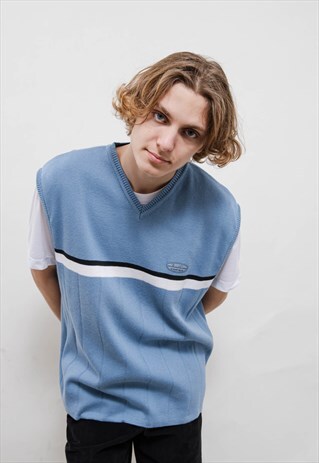 VINTAGE Y2K SKATER BLUE CHEST STRIPE RELAXED PULLOVER VEST L