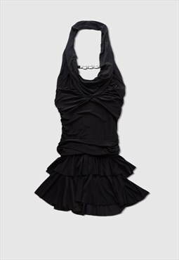 Vintage Y2K 00s black drape mini dress with rhinestones