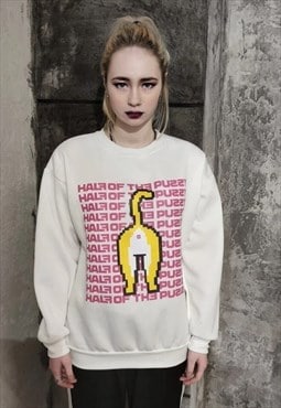 Cat print sweatshirt pussy slogan jumper rude top in white