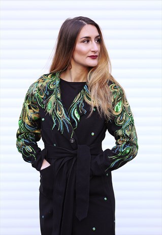 GREEN PEACOCK SEQUIN LACE DECORATED BLACK TRENCH COAT