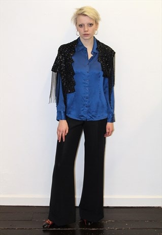 80'S VINTAGE BLACK EVENING PROM BEADED SHAWL TASSEL BOHO