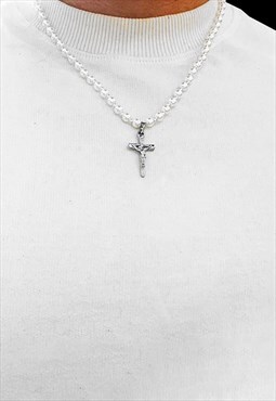 Women's 20" Cross Pendant Faux Pearl Necklace - White/Silver