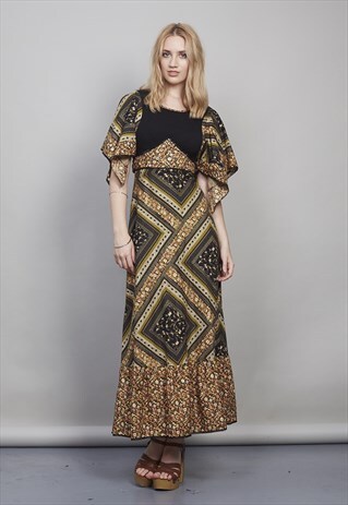 VINTAGE 70'S BLACK FLORAL MAXI DRESS
