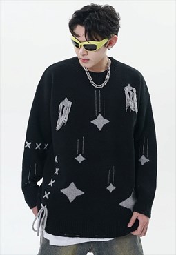 Cyber punk sweater star patch jumper futuristic top in black