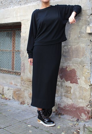 BLACK KNITTED SET/ LONG SKIRT AND OVERSIZED TOP/ WINTER