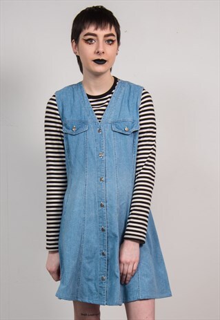 VINTAGE 90'S DENIM CHECK PATTERN PINAFORE MINI DRESS