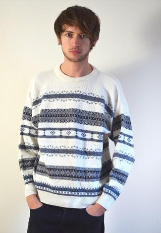 80S VINTAGE WHITE & GREY PATTERN WOOL BLEND KNIT JUMPER