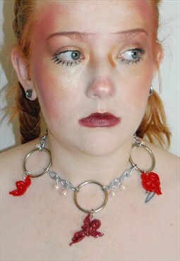 Silver Chain Necklace With Hanging Pearls And Cherubs Grunge