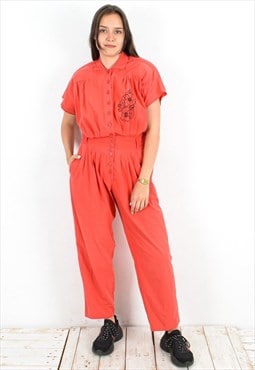 Vintage Women's 90's S M Overall Button up Red Jumpsuit