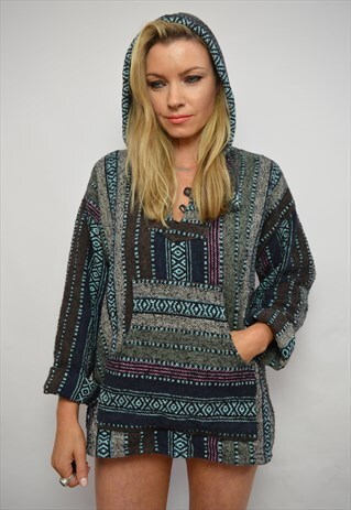90S OVERSIZED COLOURFUL WOVEN AZTEC NAVAJO HOODED PONCHO