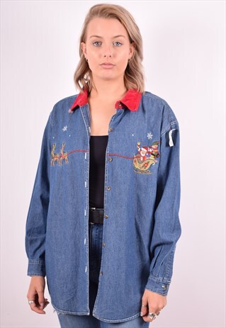 WOMENS VINTAGE DENIM SHIRT MEDIUM BLUE 90S