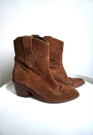 Vintage Brown Suede Leather Cowboy Western Boots Shoes