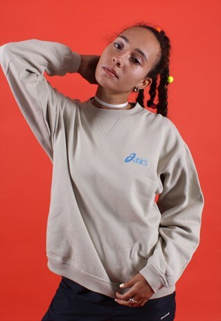 CREAM AND BLUE ASICS EMBROIDERED SWEATSHIRT