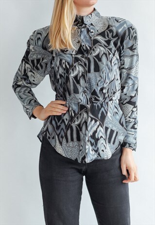 VINTAGE 70S FITTED BLOUSE IN GREY PATTERN