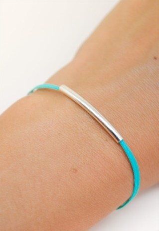 BAR BRACELET, TURQUOISE CORD WITH SILVER TUBE CHARM, GIFT