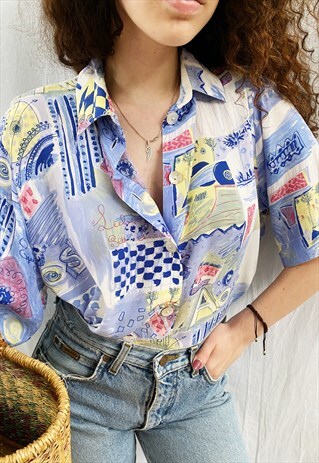VINTAGE 80S ABSTRACT ARTWORK PRINT HAUTE BOHEME BLOUSE TOP