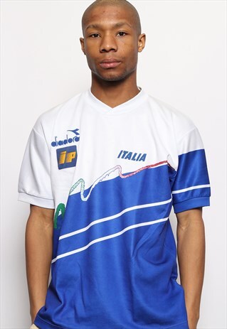 VINTAGE DIADORA ITALY FOOTBALL SHIRT T-SHIRT BLUE WHITE