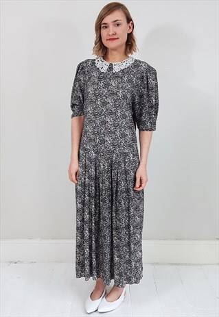 VINTAGE 90'S DARK PINK DITSY FLORAL CROCHET COLLAR MIDI DRES