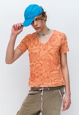 90's Vintage swirly pattern mesh t-shirt in tangerine orange