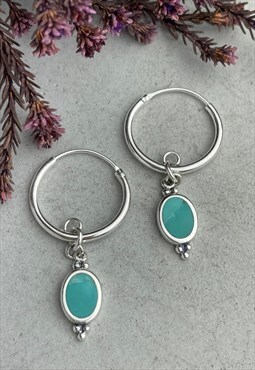 925 Silver Turquoise Charm Huggies Hoops Gemstone Earrings