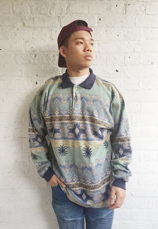 LONG SLEEVE AZTEC POLO SWEATSHIRT (1990'S/MENS)
