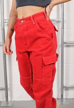 Vintage Cargo Denim Jeans in Red High Waist Mom Style Small