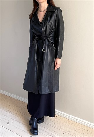 VINTAGE BLACK LEATHER TRENCH COAT