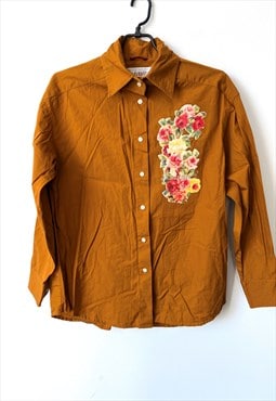 80s Novelty Mustard Cotton Shirt / Blouse - Large 