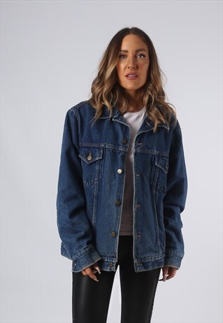 VINTAGE DENIM JACKET OVERSIZED CHECKED LINED UK 16 XL (GO1C)