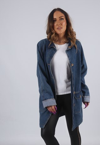 VINTAGE DENIM JACKET OVERSIZED LONGLINE LONG UK 14 (KBS)