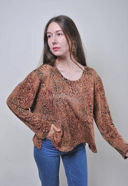 Vintage leopard brown blouse, retro pullover women shirt