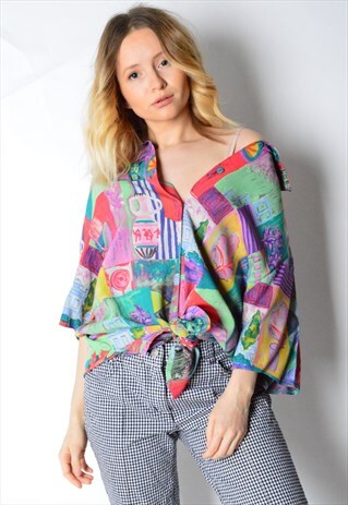 VINTAGE 80S COLOURFUL SHORT SLEEVE ARTSY SHIRT