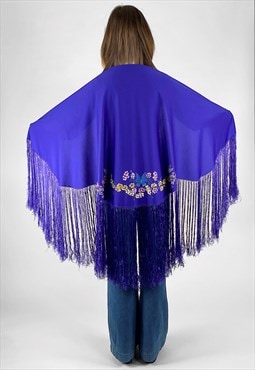 70's Blue Hand Painted Ladies Shawl Cape Fringed