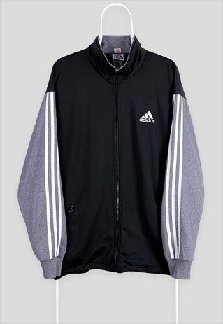 VINTAGE ADIDAS BLACK GREY TRACK JACKET SPELL OUT EMBROIDERED