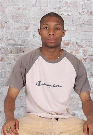 VINTAGE CHAMPION BIG LOGO T-SHIRT BEIGE GREY
