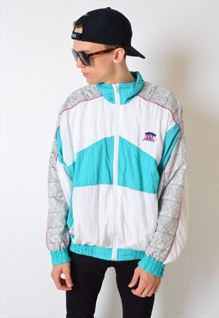 VINTAGE 80S WHITE AND MINT COLOUR BLOCK SHELL BOMBER JACKET